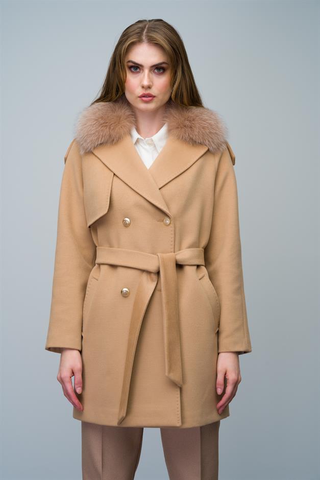 Cashmere Coat with Detachable Fur Epaulette and Cape Detail BISCUIT 3007-TK