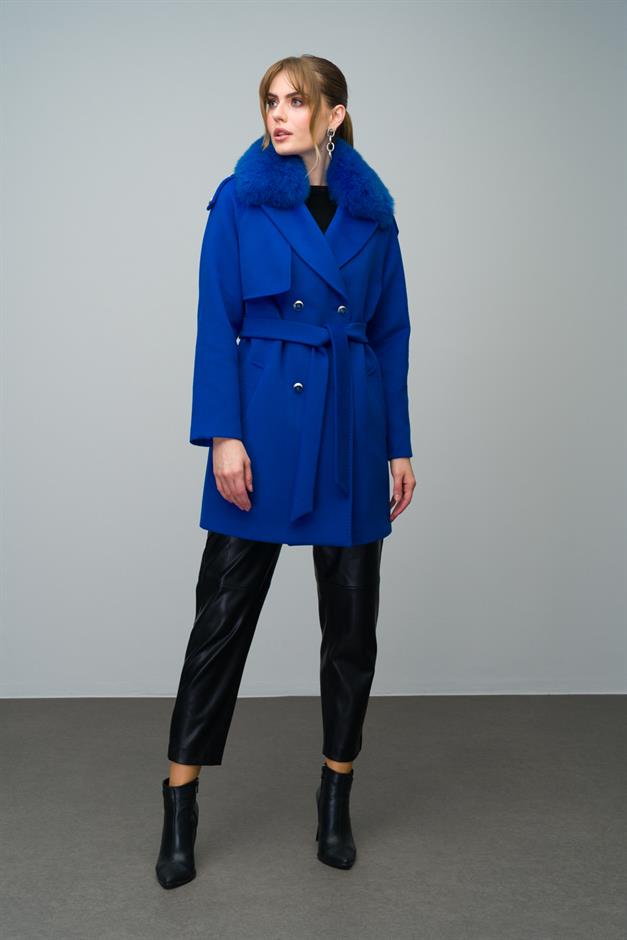 Cashmere Coat with Detachable Fur Epaulette and Cape Detail SAXE 3007-TK