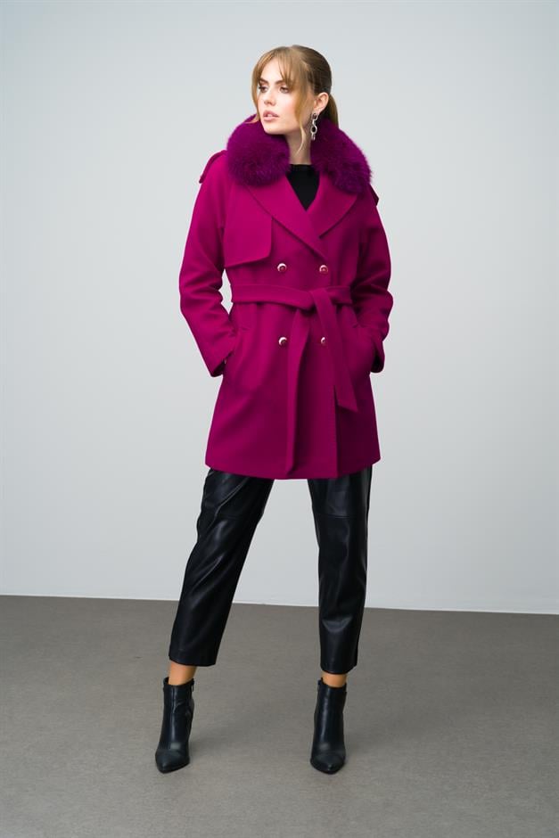 Cashmere Coat with Detachable Fur Epaulette and Cape Detail Fuchsia 3007-TK