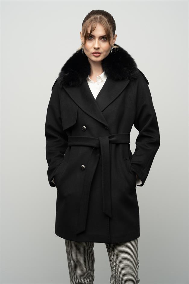 Cashmere Coat with Detachable Fur Epaulette and Cape Detail BLACK 3007-TK