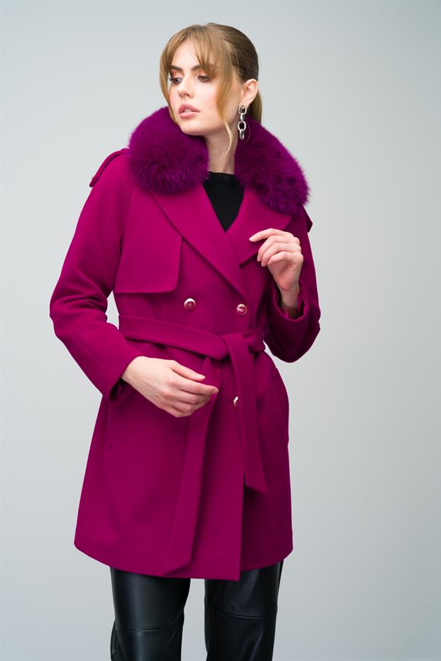 Cashmere Coat with Detachable Fur Epaulette and Cape Detail Fuchsia 3007-TK