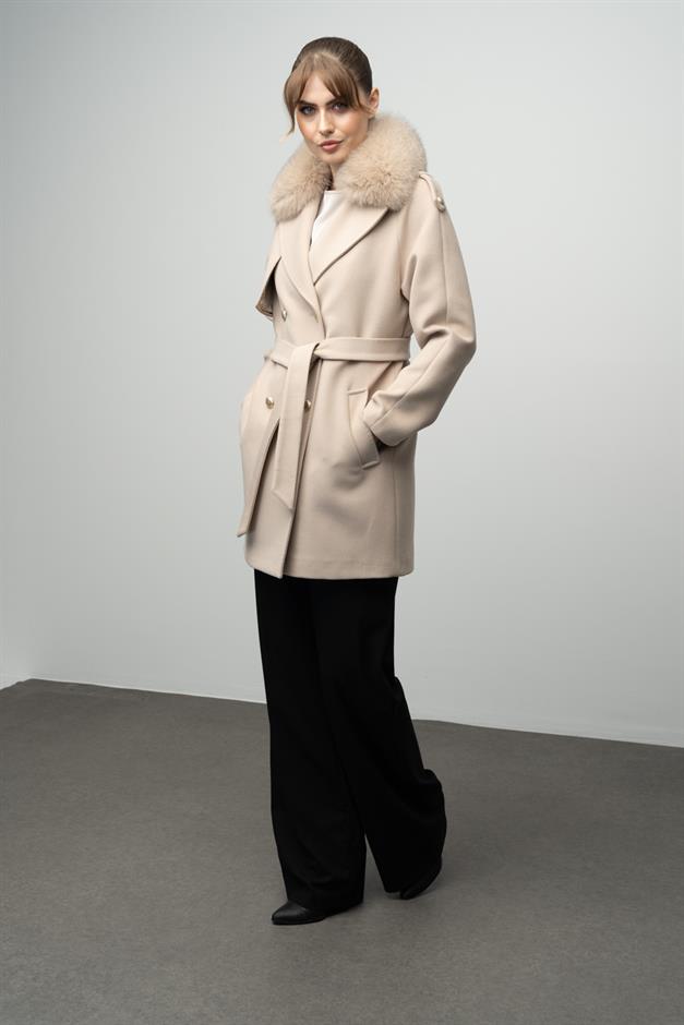Cashmere Coat with Detachable Fur Epaulette and Cape Detail IVORY 3007-TK