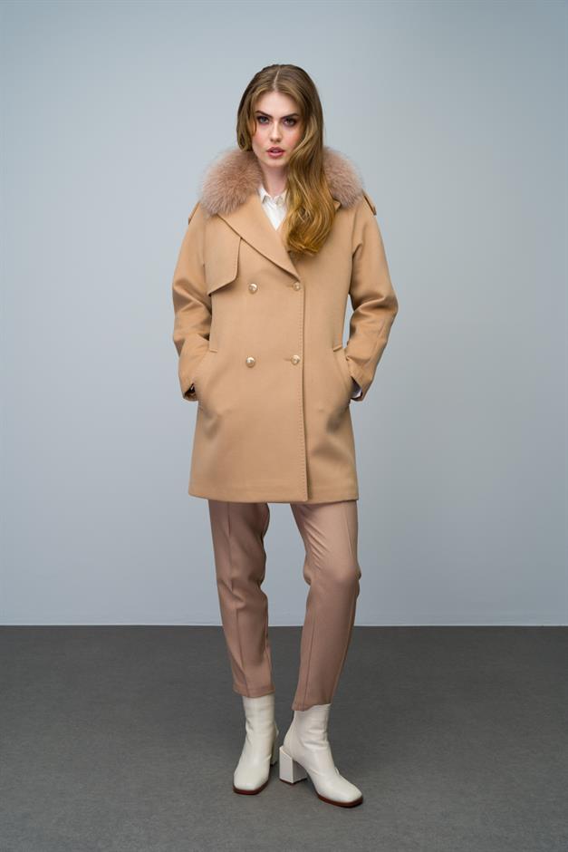 Cashmere Coat with Detachable Fur Epaulette and Cape Detail BISCUIT 3007-TK