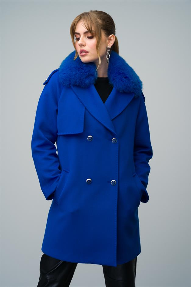 Cashmere Coat with Detachable Fur Epaulette and Cape Detail SAXE 3007-TK