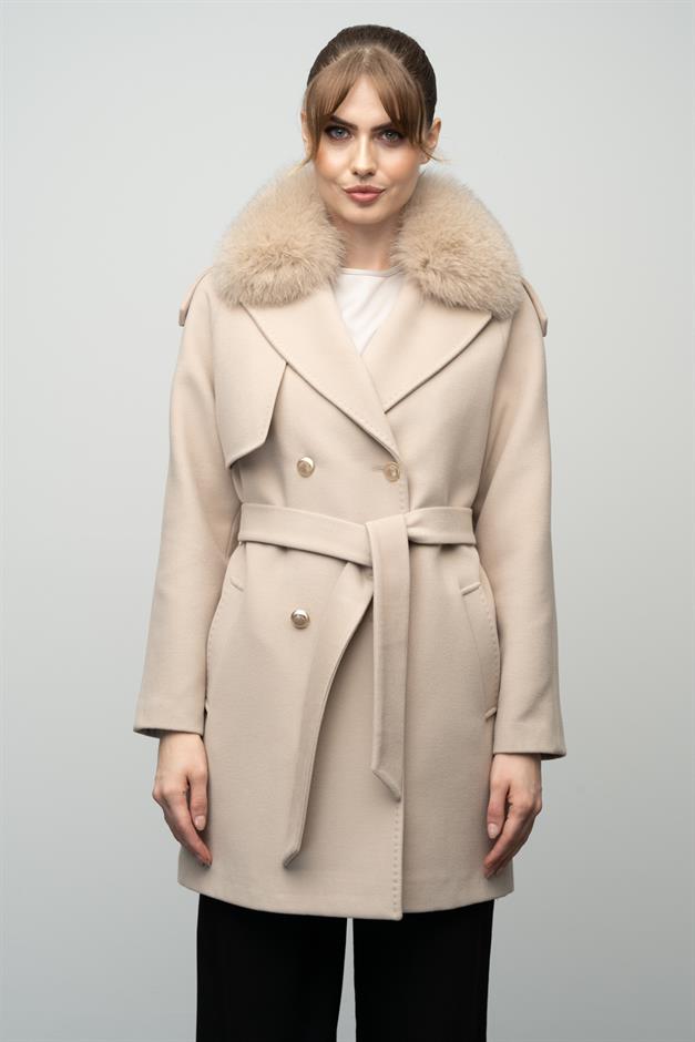 Cashmere Coat with Detachable Fur Epaulette and Cape Detail IVORY 3007-TK