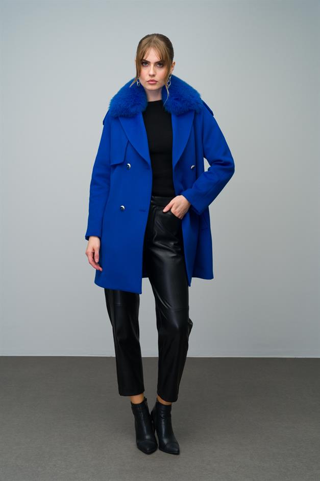 Cashmere Coat with Detachable Fur Epaulette and Cape Detail SAXE 3007-TK