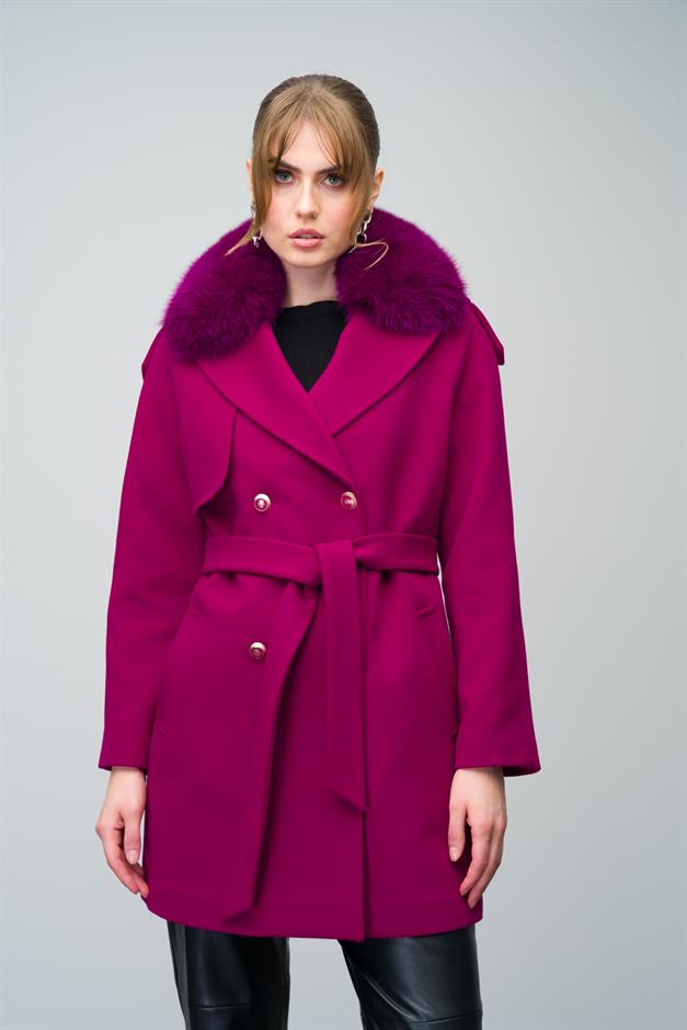 Cashmere Coat with Detachable Fur Epaulette and Cape Detail Fuchsia 3007-TK