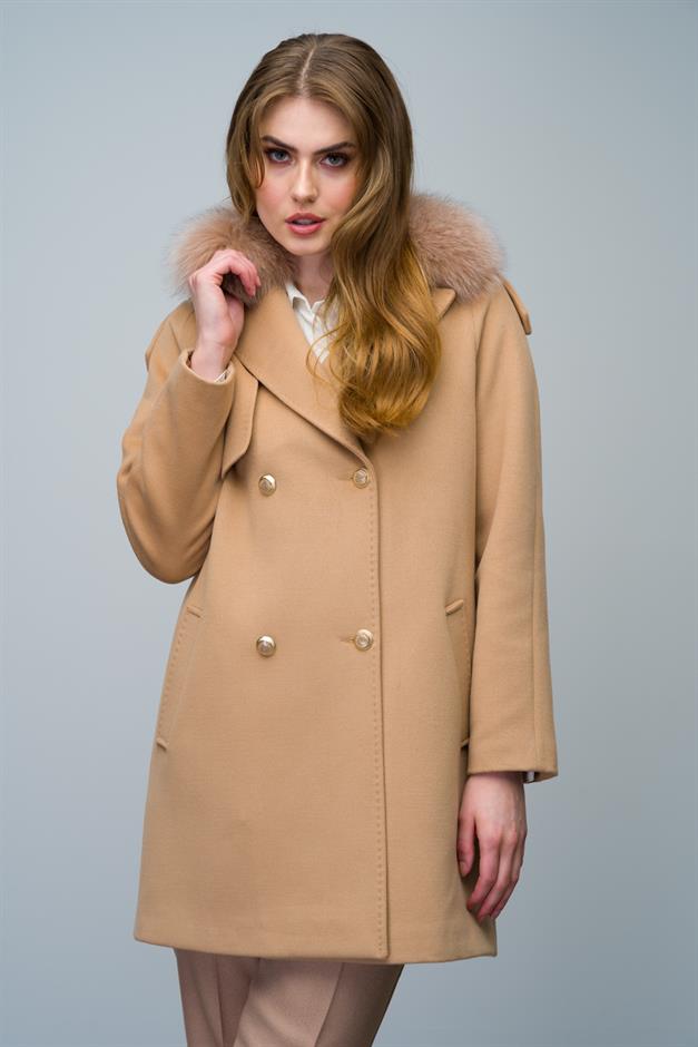 Cashmere Coat with Detachable Fur Epaulette and Cape Detail BISCUIT 3007-TK
