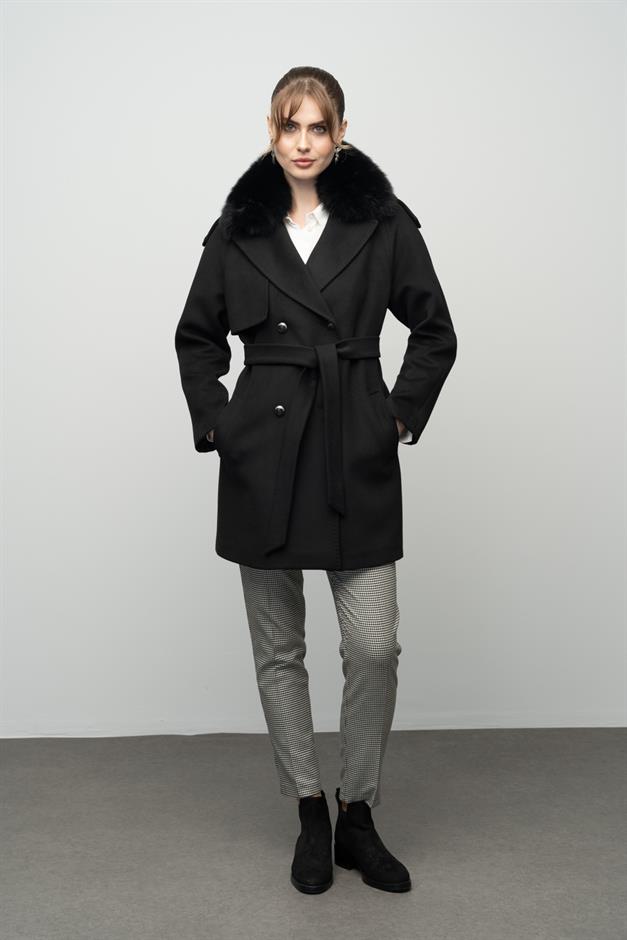 Cashmere Coat with Detachable Fur Epaulette and Cape Detail BLACK 3007-TK