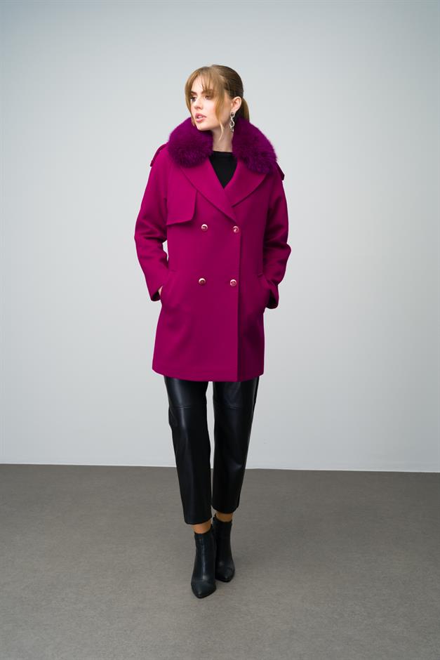 Cashmere Coat with Detachable Fur Epaulette and Cape Detail Fuchsia 3007-TK