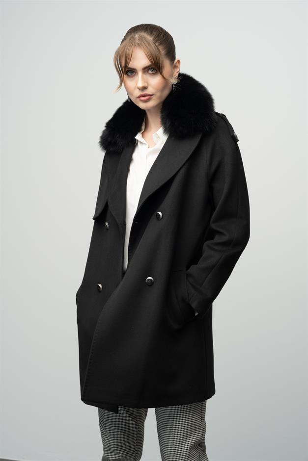 Cashmere Coat with Detachable Fur Epaulette and Cape Detail BLACK 3007-TK