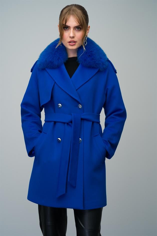 Cashmere Coat with Detachable Fur Epaulette and Cape Detail SAXE 3007-TK