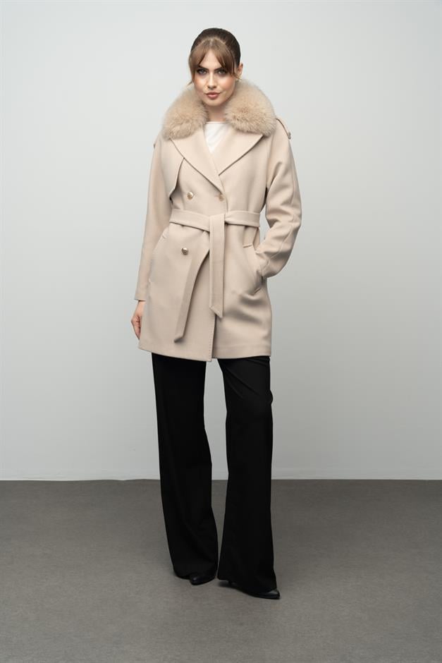 Cashmere Coat with Detachable Fur Epaulette and Cape Detail IVORY 3007-TK