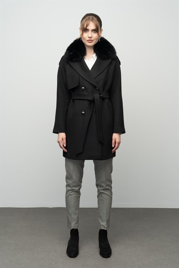 Cashmere Coat with Detachable Fur Epaulette and Cape Detail BLACK 3007-TK