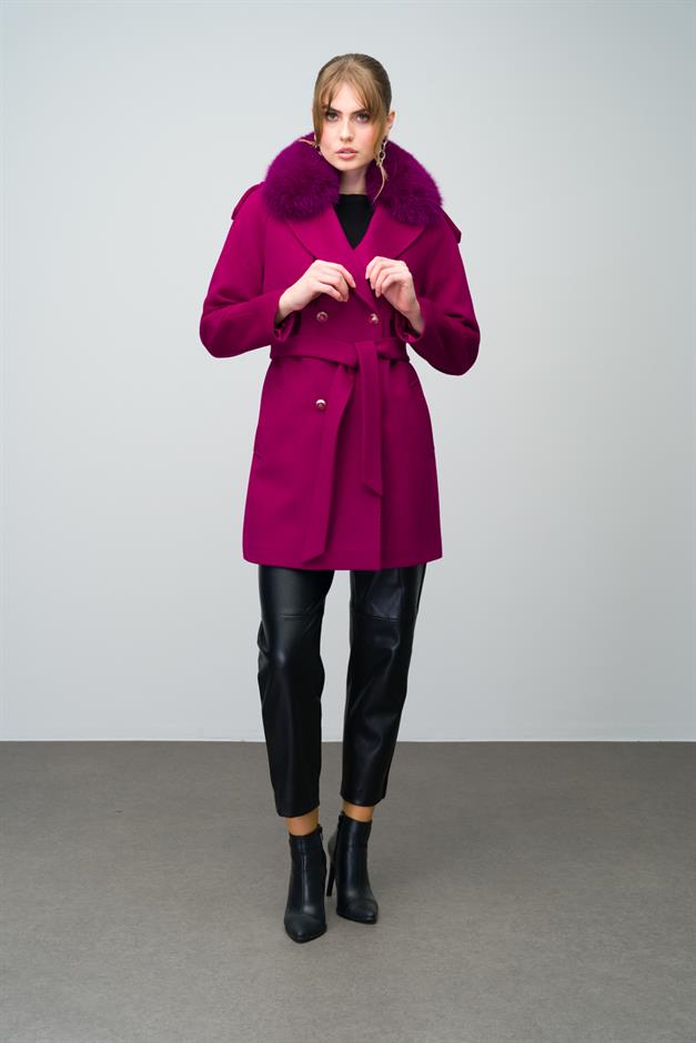 Cashmere Coat with Detachable Fur Epaulette and Cape Detail Fuchsia 3007-TK