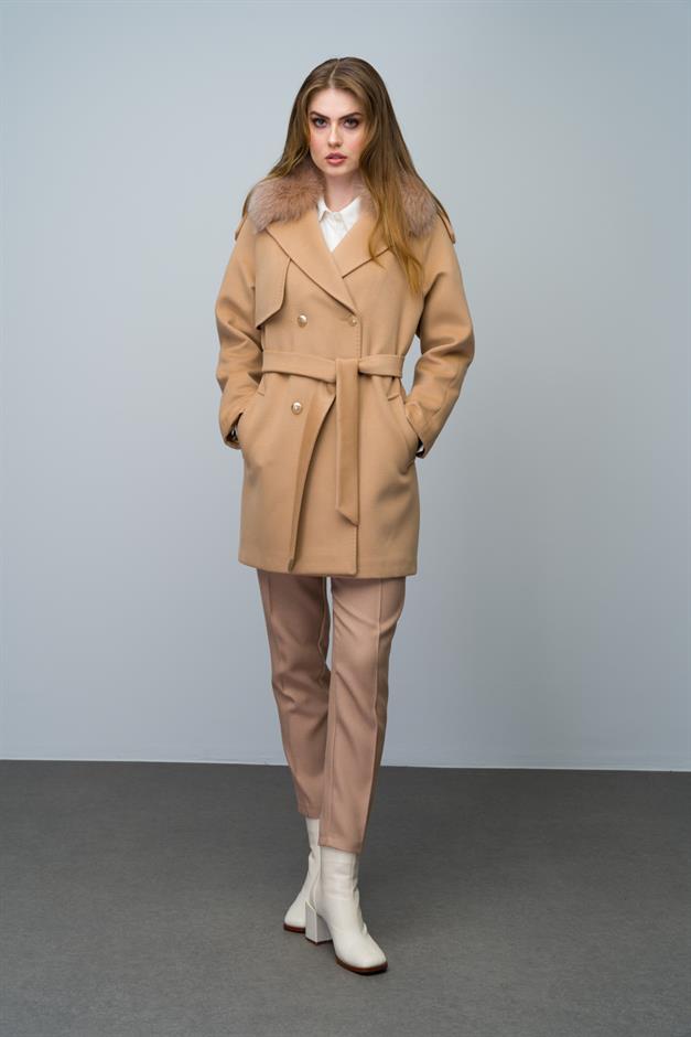 Cashmere Coat with Detachable Fur Epaulette and Cape Detail BISCUIT 3007-TK