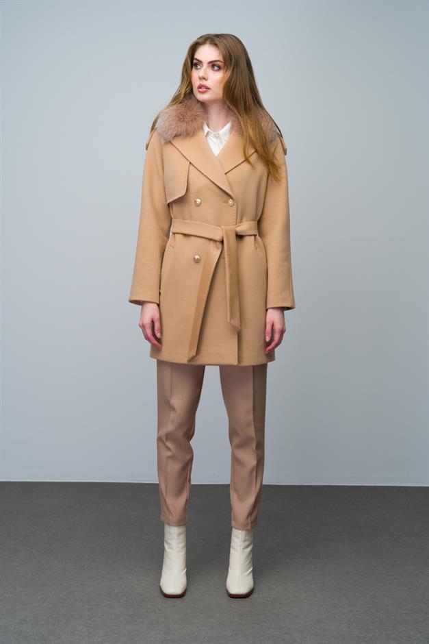 Cashmere Coat with Detachable Fur Epaulette and Cape Detail BISCUIT 3007-TK