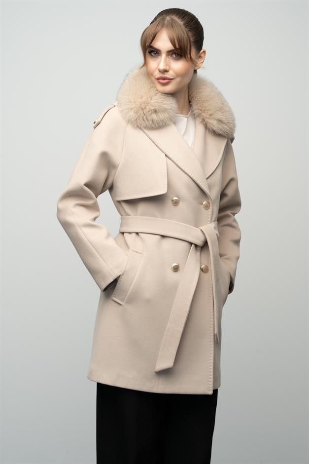 Cashmere Coat with Detachable Fur Epaulette and Cape Detail IVORY 3007-TK