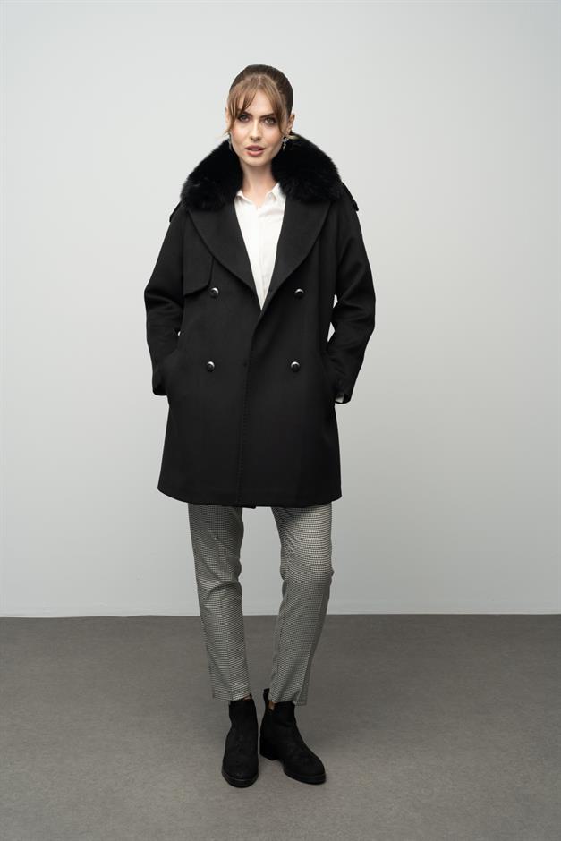 Cashmere Coat with Detachable Fur Epaulette and Cape Detail BLACK 3007-TK