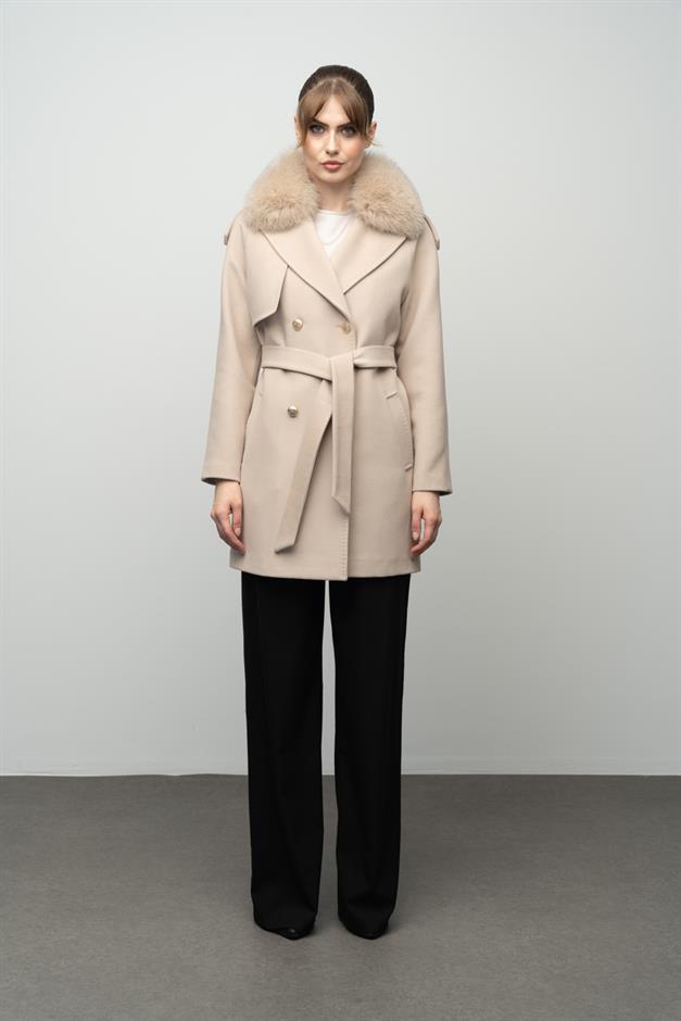 Cashmere Coat with Detachable Fur Epaulette and Cape Detail IVORY 3007-TK