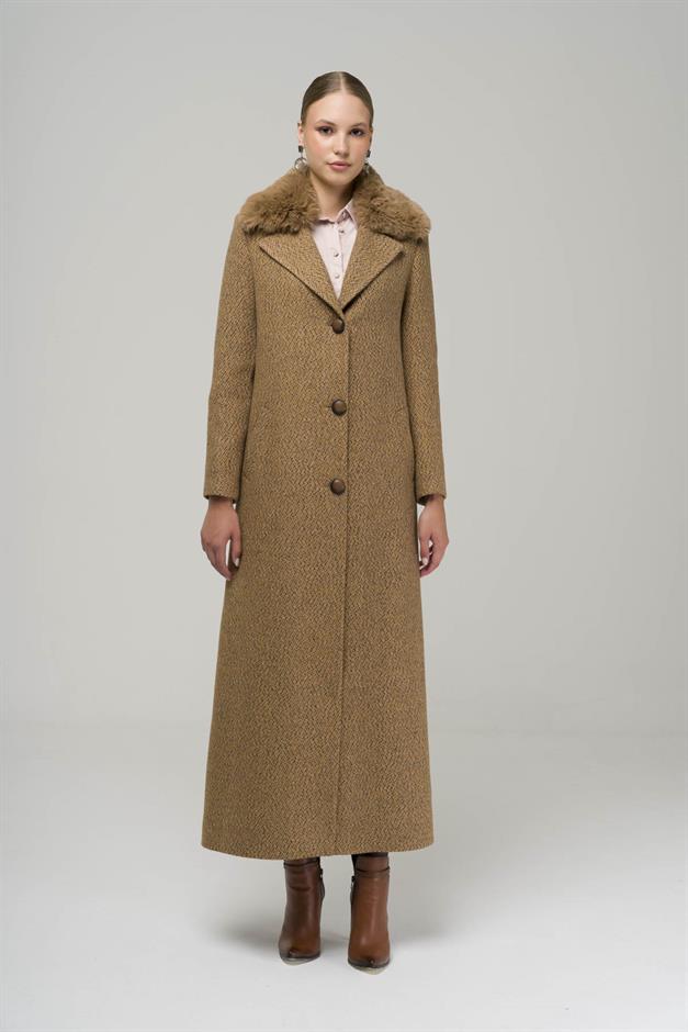 Yakası Çıkabilen Kürklü Balık Sırtı Desenli Manto KAMEL 3789-Y