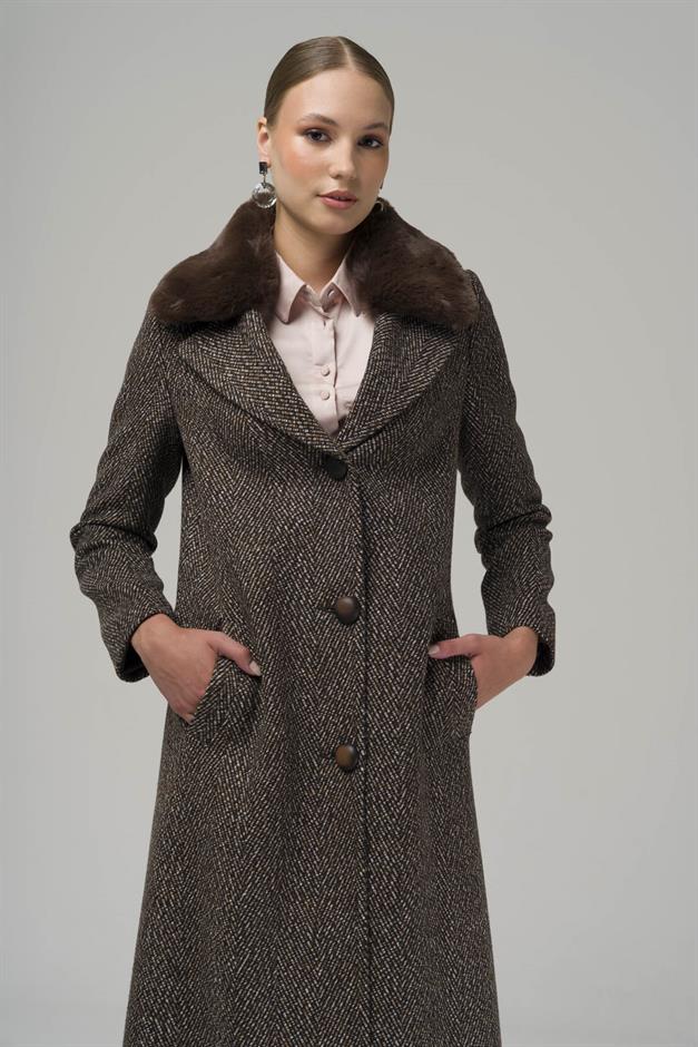 Furry Herringbone Patterned Coat with Removable Collar COFFEE 3789-Y