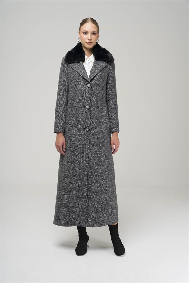 Furry Herringbone Patterned Coat with Removable Collar BLACK 3789-Y