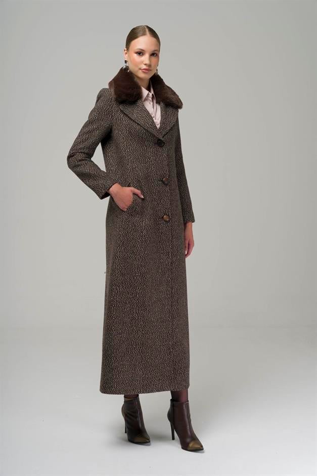 Furry Herringbone Patterned Coat with Removable Collar COFFEE 3789-Y