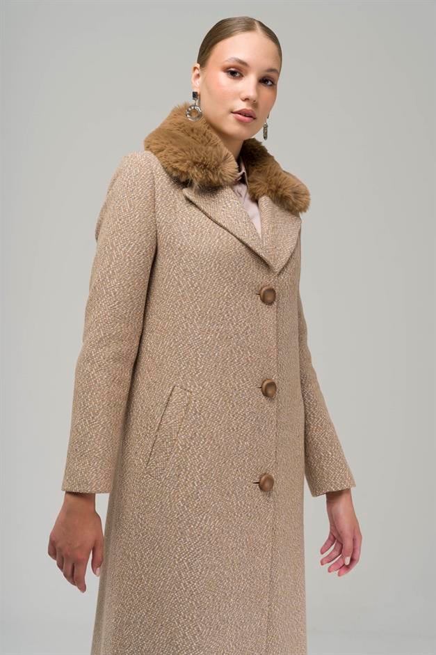 Furry Herringbone Patterned Coat with Removable Collar IVORY 3789-Y