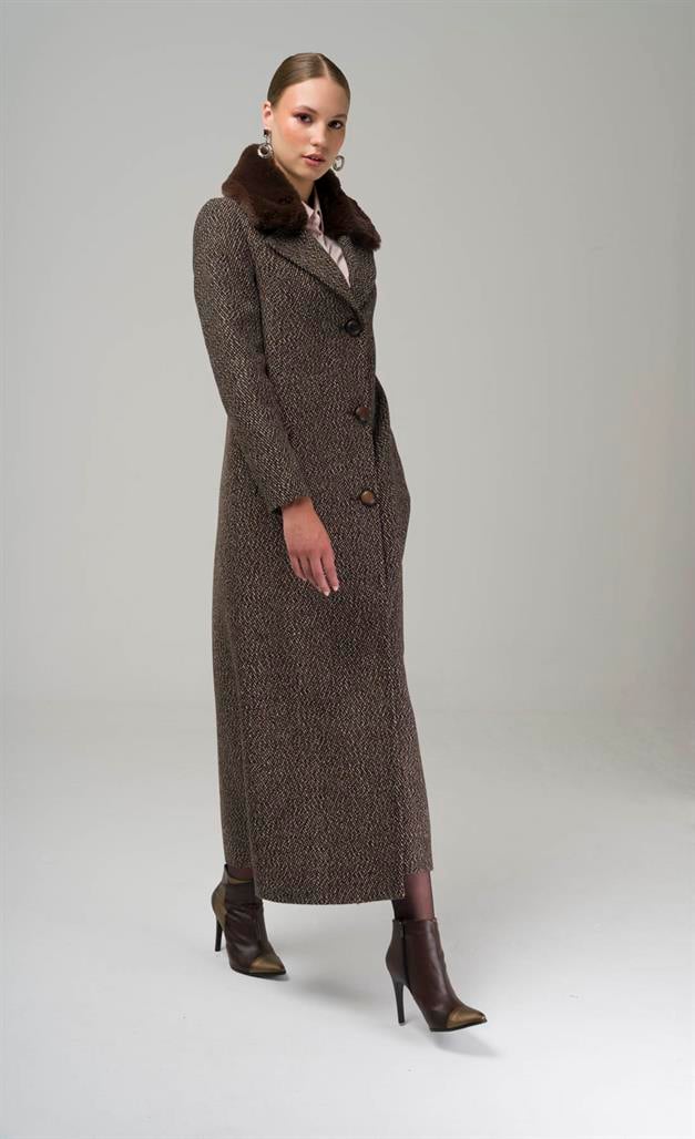 Furry Herringbone Patterned Coat with Removable Collar COFFEE 3789-Y