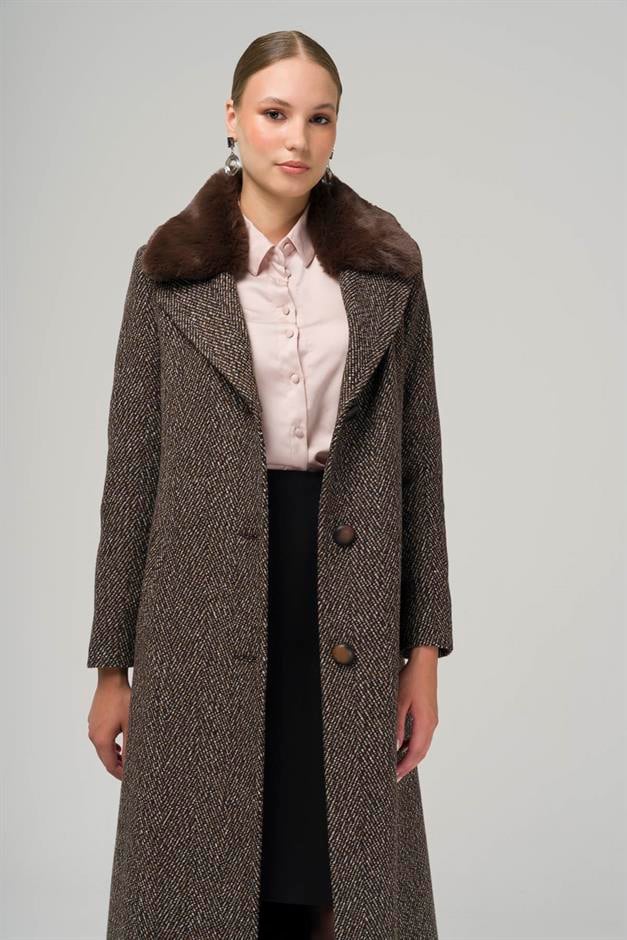 Furry Herringbone Patterned Coat with Removable Collar COFFEE 3789-Y