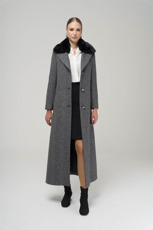 Furry Herringbone Patterned Coat with Removable Collar BLACK 3789-Y