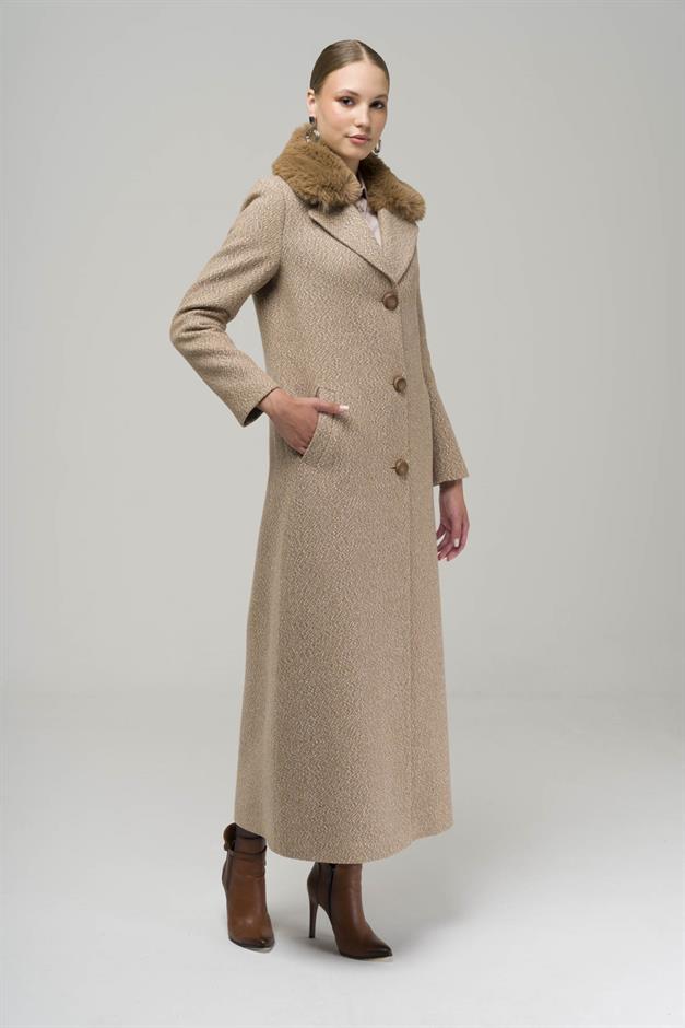 Furry Herringbone Patterned Coat with Removable Collar IVORY 3789-Y