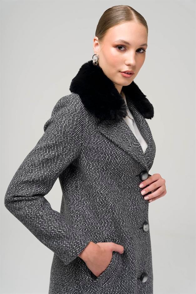 Furry Herringbone Patterned Coat with Removable Collar BLACK 3789-Y