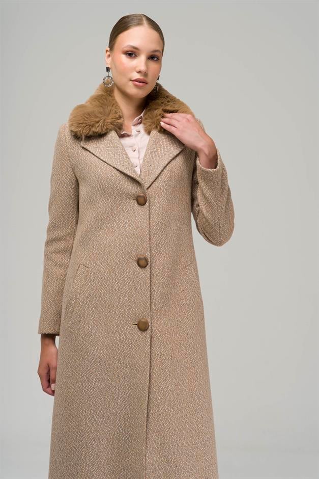 Furry Herringbone Patterned Coat with Removable Collar IVORY 3789-Y