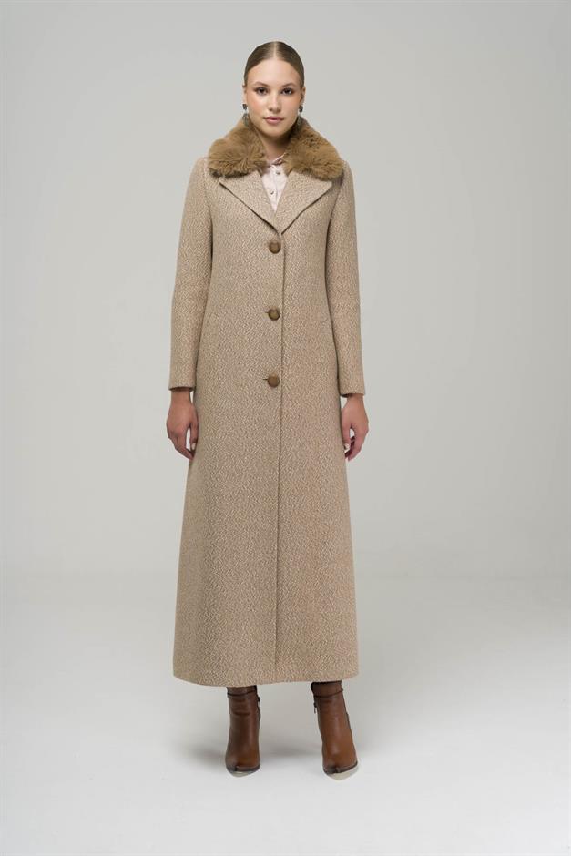 Furry Herringbone Patterned Coat with Removable Collar IVORY 3789-Y