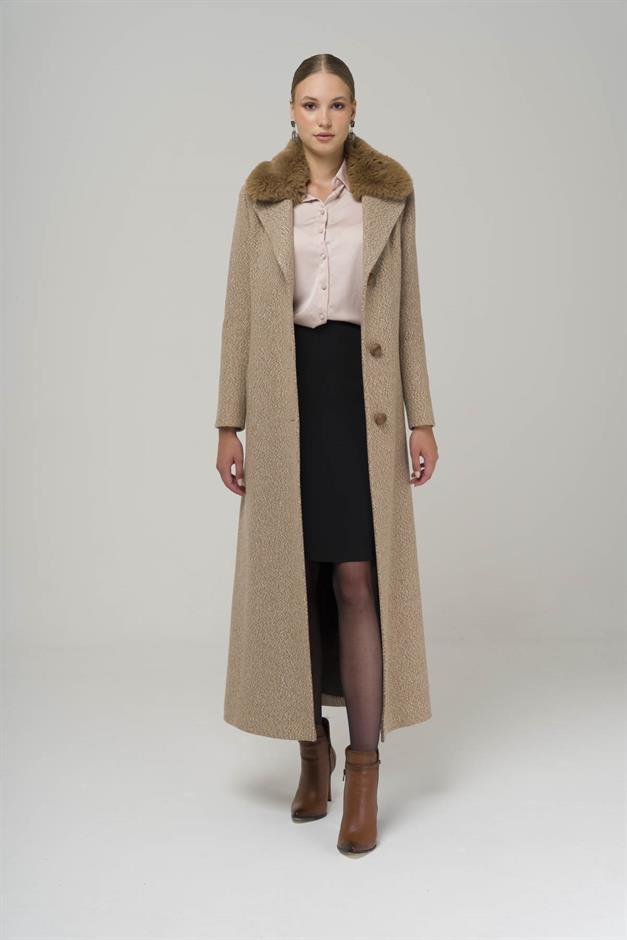 Furry Herringbone Patterned Coat with Removable Collar IVORY 3789-Y