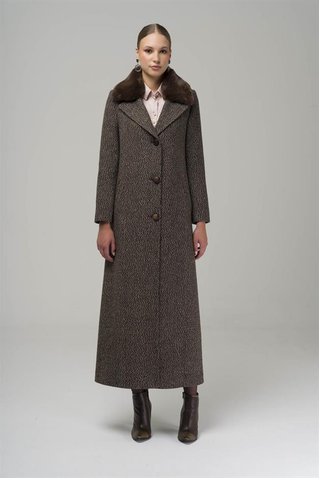 Furry Herringbone Patterned Coat with Removable Collar COFFEE 3789-Y