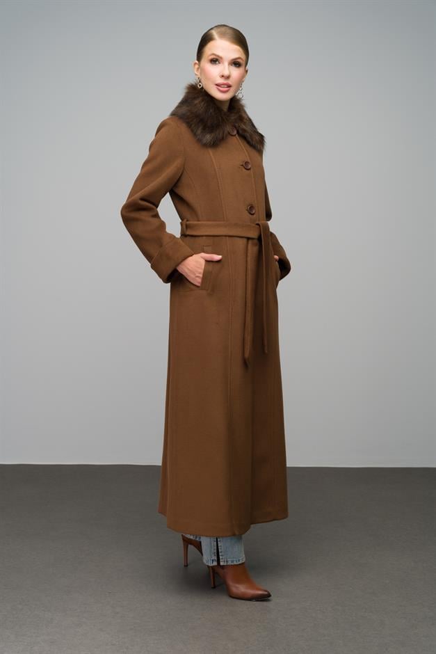 Large Size Fur Coat with Removable Collar TOBACCO 3988