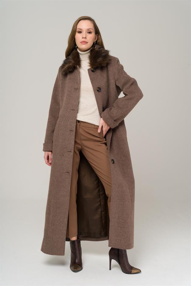 Large Size Fur Coat with Removable Collar LATTE 3988