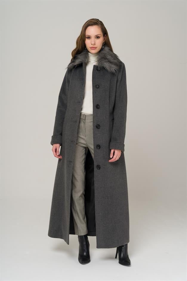 Large Size Fur Coat with Removable Collar DARK GREY 3988