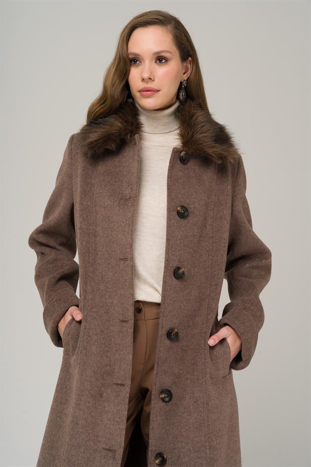 Large Size Fur Coat with Removable Collar LATTE 3988