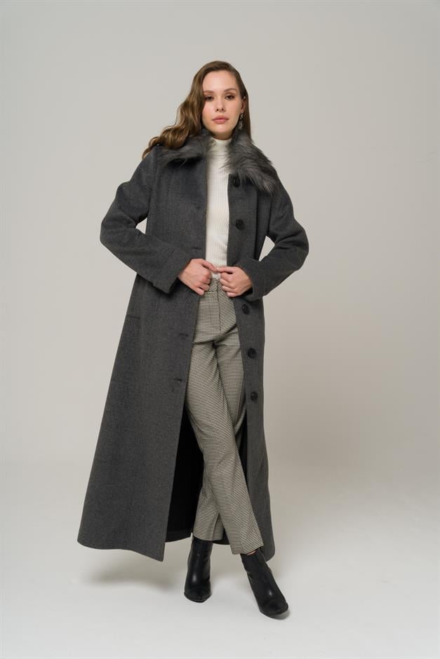 Large Size Fur Coat with Removable Collar DARK GREY 3988