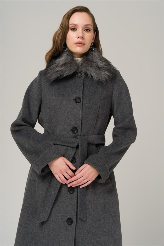 Large Size Fur Coat with Removable Collar DARK GREY 3988