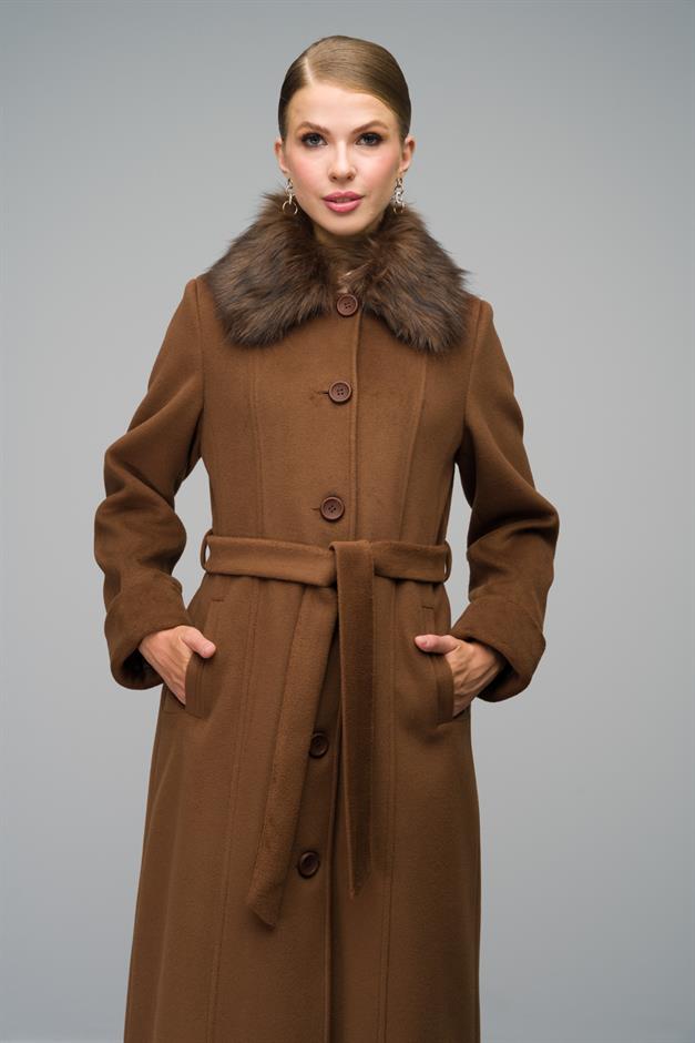Large Size Fur Coat with Removable Collar TOBACCO 3988