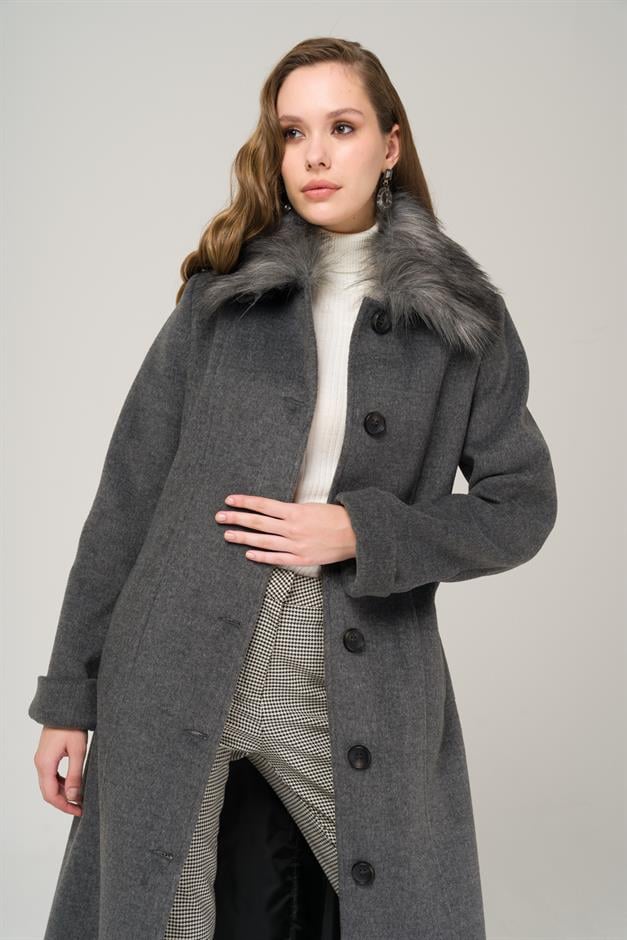 Large Size Fur Coat with Removable Collar DARK GREY 3988