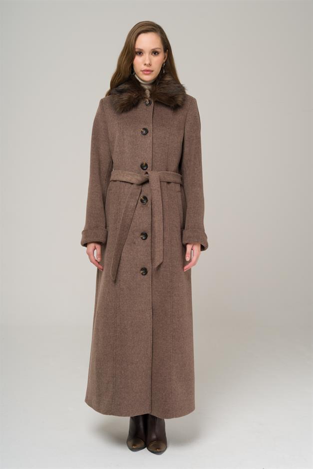 Large Size Fur Coat with Removable Collar LATTE 3988