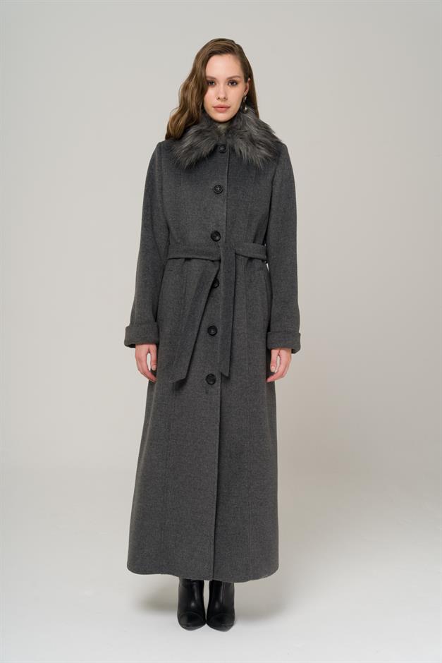 Large Size Fur Coat with Removable Collar DARK GREY 3988