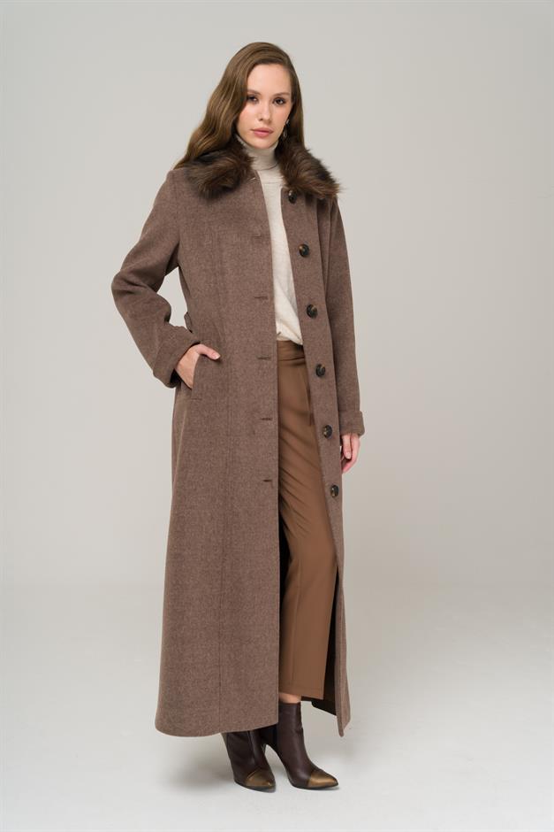 Large Size Fur Coat with Removable Collar LATTE 3988