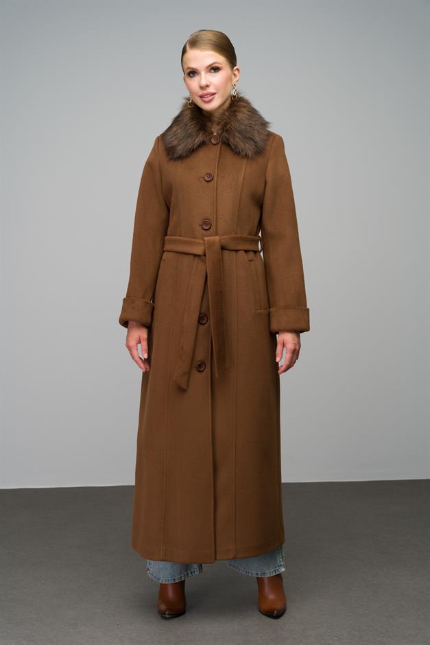 Large Size Fur Coat with Removable Collar TOBACCO 3988